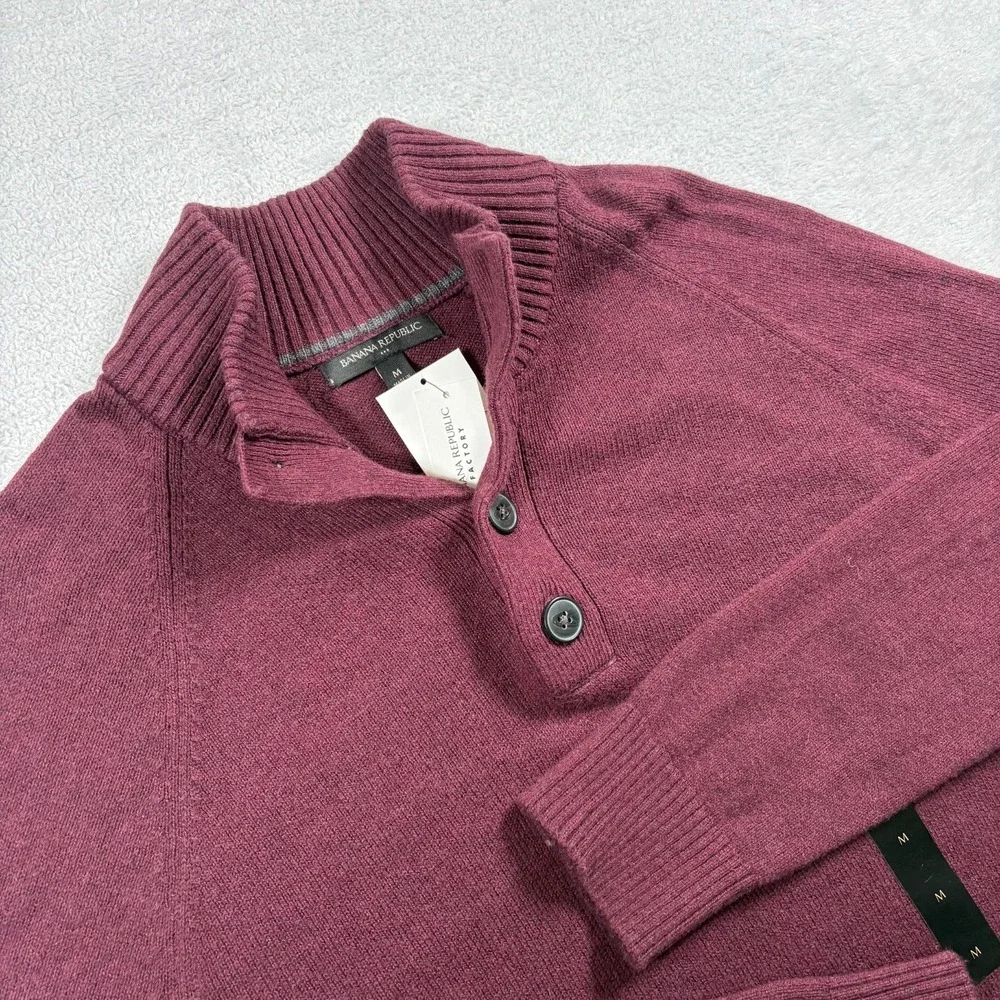 Banana Republic Henley Sweater Men Medium Red Raglan Sleeve‎ Ribbed Mock Neck